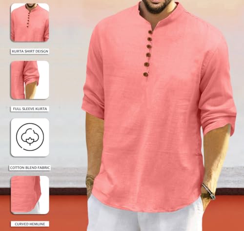 Image of FINIVO FASHION Men's Solid Cotton Blend Regular Fit Straight Kurta with Roll of Sleeve and Classic Collar, Pack of 1