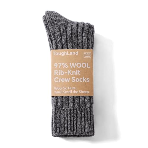 Tough Land 97% Merino Wool Crew Socks for Men & Women – Classic Rib, Thick Knit, Warm Socks for Hiking, Work, Ski – 2 Pairs4