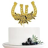 Halodete Horseshoe Birthday Cake Topper, Western Theme Cake Topper, Racing Horse, Western Wedding Party Cake Decorations Gold Glitter