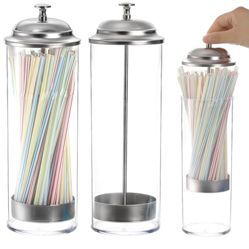 ZEAYEA 2 Pack Plastic Straw Dispensers, Clear Straw Holder with Stainless Steel Lid, Drinking Straw Organizer Container for Store, Restaurant, Bar, Home Kitchen, Countertop