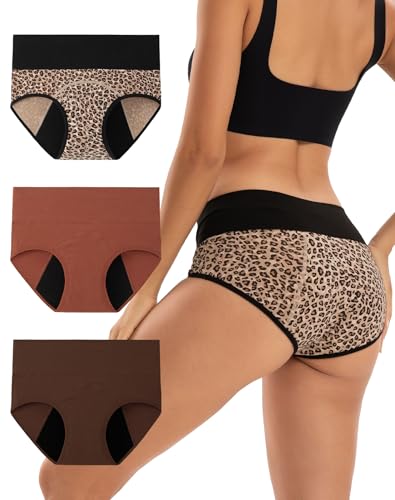 INNERSY Bragas Menstruales Algodon Braguitas Regla Mujer Cintura Alta Incontinencia Pack de 3 (M, Leopardo+Marrón+Café)