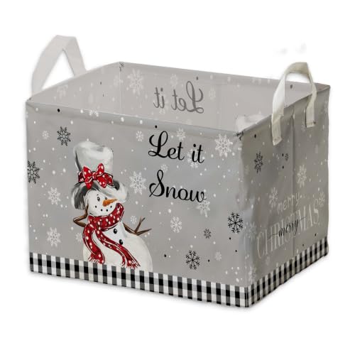 Image of Grey Christmas Snowman Storage Baskets, Empty Christmas Gift Baskets, Let It Snow Winter Farmhouse Style Large Square Waterproof Canvas Laundry Hamper, Foldable Toy & Clothes Bins for Bedroom