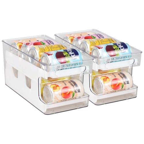 Quickquick Clear Rolldown Can Dispenser, Rolling Soda Can Dispenser, 2-layer Refrigerator Organizer Bins for Standard 12 oz Can, 2 Packs