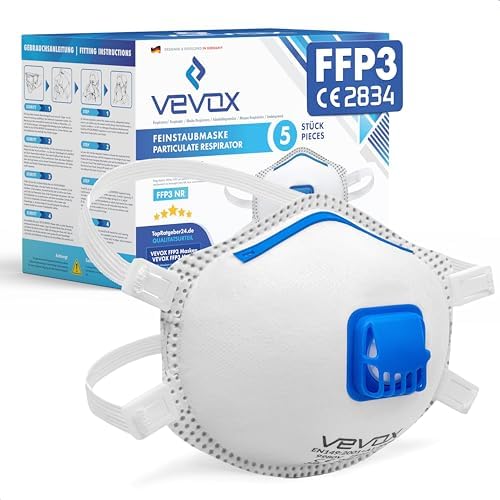 VEVOX® FFP3 Face Mask - Pack of 5 - Dust Masks with Valve for Work, Painters and Allergy - Protection Against Fine Dust, Mold and Asbestos