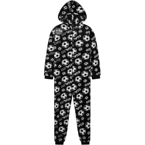 Get Trend Schlafoverall Kinder & Teenager, Fleece Pyjama Overall mit Kapuze, Fussball Schlafanzug Onesie, Geschenk für Jungen (11-12 Jahre, Schwarz...