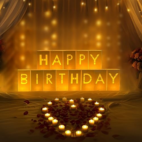 Image of Happy Birthday Decorations -Happy Birthday Light Up Sign Letters with Tea Lights and Rose Petals, Happy Birthday Decoration for Women Men, Special Festival Romantic Birthday Decorations, Surprise Gifts Banner for Women and Men