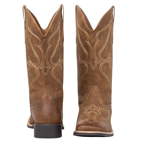 Image of SheSole Women's Square Toe Mid-Calf Western Cowgirl Boots with Cutout & Stitched Embroidery, Chunky Block Heel Fashion Cowboy Boots for Concert Daily