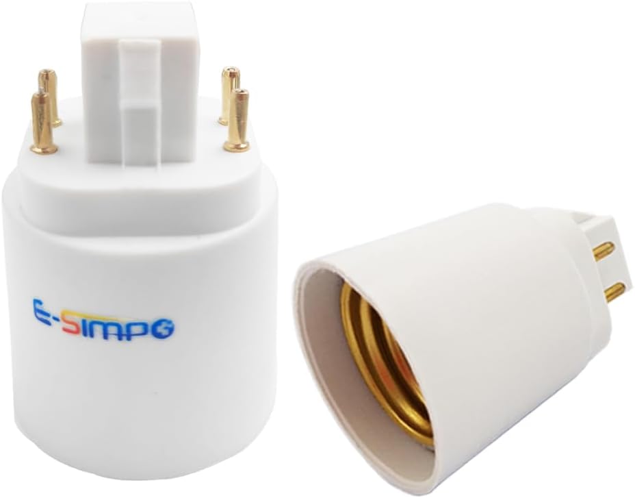 E-Simpo 2pcs 4Pin Gx24q CFL to E26/E27 Medium Screw LED Bulb Base Holder Light Socket Adapter Converter. NOT Plug and Play, Need Rewire/Bypass Ballast. (2-Pack)