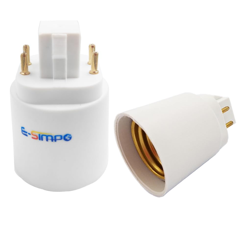 E-Simpo 2pcs 4Pin Gx24q CFL to E26/E27 Medium Screw LED Bulb Base Holder Light Socket Adapter Converter. NOT Plug and Play, Need Rewire/Bypass Ballast. (2-Pack)