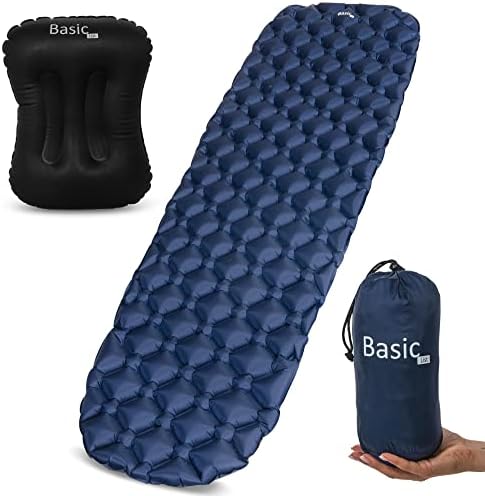 Camping Sleeping Pad Air Mattress - Inflatable Ultralight Lightweight Backpacking Hiking Airpad Mat Accessories Gear with Bag and Pillow (Navy)