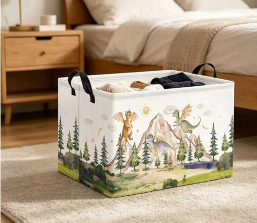 Image of Rectangular Kids Basket Baby Girl Basket Fabric Storage Bin Organizer Box Room Decor(Hill Dinosaur)
