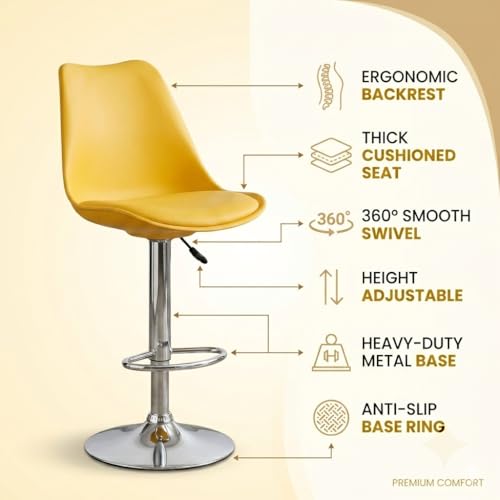 Image of activa Rapid Bar Stool Chair with Height Adjustable Design, Padded Seat & Footrest | Modern Metal Counter Stool for Kitchen, Home, Bar & Cafe Seating | Durable Comfort Chair (Yellow, Set of 1)