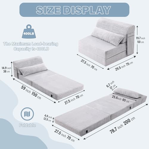 Image of Tiita Convertible Folding Sofa Bed Single Size for Adults with Pillow, Plush Fabric Floor Mattress Couch Bed, Washable Cover & Side Pocket, Guest Room, Dorm, Apartment, Living Room, White Gray