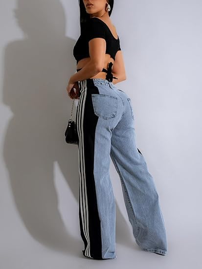 Women's Color Block Wide Leg Denim Pants High Waisted Patchwork Stripes Jeans Stretchy Two Tone Jeans Trousers4