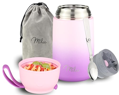 Milu Termo para Comida 800 ml Taza Aislada, Botella de Acero Inoxidable Aislada Alimentos, Beber y sopa de los niños de adultos Térmico (800ml/Violeta Rosa)