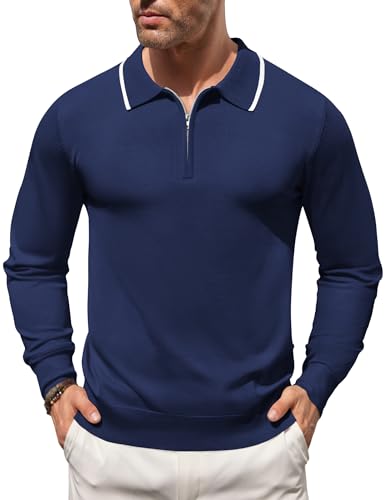 COOFANDY Men's Knit Polo Shirt Long Sleeve Quarter Zip Polo Sweater Casual Golf Shirts Vintage Striped Collar Polo
