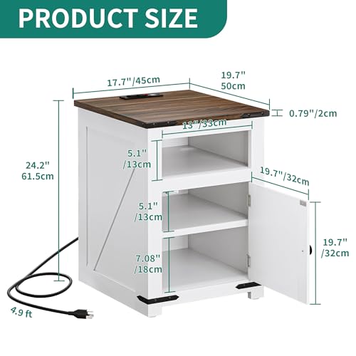 DWVO Farmhouse Nightstand with USB Charging Station & LED Lights, Adjustable Storage Shelving for Bedroom/Living Room, White Side Table with AC Outlets