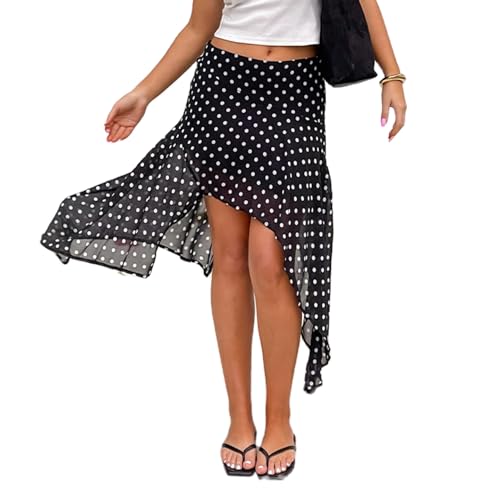Women Polka Dot Asymmetrical Midi Skirt Mid Rise Sheer Mesh Skirts Summer Skirt Black and White
