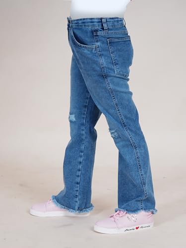 Image of KiddoPanti Girls Bottom Flared Knee Distress Stretchable Denim Jeans with Adjustable Elastic Waist