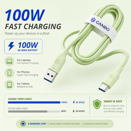 Image of 100W USB-A to USB-C Cable, 1.2M | 5A Fast Charging | USB 3.0 Data Cable | 10,000+ Bend Lifespan | Type-C Charging Cable for All Android and IOS Smartphones and USB-C Devices (Green)