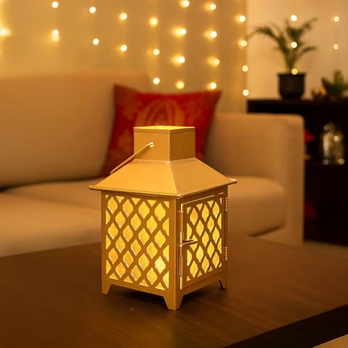 Image of MARKET 99 Metal & Glass Lantern Candle Holder with Yellow Glass | Decorative Hanging & Tabletop Lantern for Diwali, Christmas, Weddings & Festive Home Decor | Golden & Yellow Finish