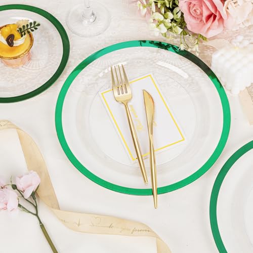 U-QE 200PCS Clear Green Plastic Plates - Green Plates Disposable Heavy Duty- Include 100 10” Dinner and 100 7” Dessert Platos, Perfect for Party, Wedding