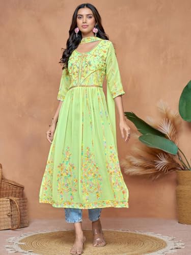 Image of EthnicJunction Women's Georgette Embroidered and Sequence Work Naira Cut Kurta and Dupatta Set