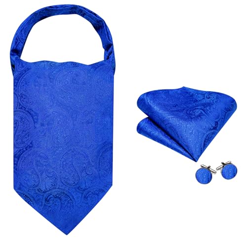 Image of Barry.Wang Ascot Ties Cravat Tie Men Paisley Plaid Scarf Self Tie Pocket Square Cufflinks Set Wedding Party