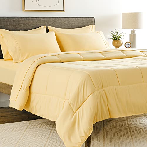 Sweet Home Collection 7 Piece Comforter Set Bag Solid Color All Season Soft Down Alternative Blanket & Luxurious Microfiber Bed Sheets, Yellow, Queen