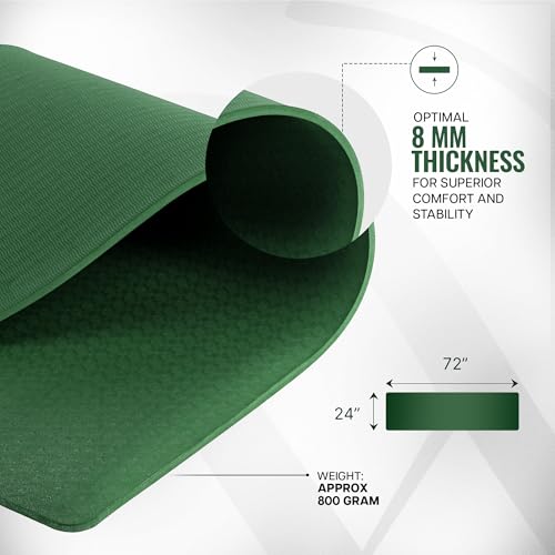 Image of WiseLife Classic Eco-TPE 8 MM Yoga Mat with Yoga Strap for Men & Women | Extra Thick, Long & Wide Non-Slip, Anti-Tear Exercise Mat for Home, Gym, Workout, Fitness, Yoga & Pilates (Green)