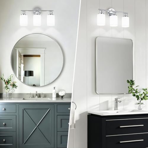 Image of 3-Light Chrome Vanity Lights for Mirror, Bathroom Light Fixtures with Textured Milky White Glass Shade, Modern Kitchen Light Fixtures Wall Sconce Light