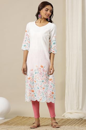 Image of Aurelia Women's Viscose Regular Fit Casual Embroidered, Floral Regular Kurta