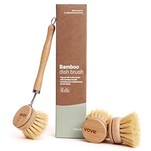 | Bamboo Dish Brush | Long Lasting Brush with 3 Replacement Heads | Natural Bristle | Eco-Friendly | Wooden Dish Brush for Washing and Cleaning Pot Pan Dish Bowl |
