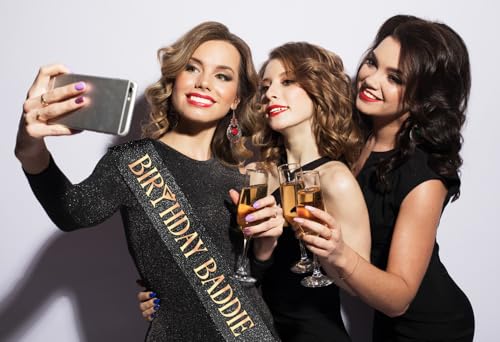 Image of PartyForever Birthday Baddie Sash - Black Glitter Sash with Rose Gold Letters & Martini Icon + Luxe Pearl Pin | Birthday Sash for Women 21st 30th 40th 50th 60th | Extra Long & Glam