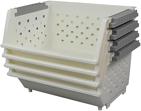 Vareone 4-Tier Plastic Stacking Baskets, Stackable Storage Organizer Bin, White