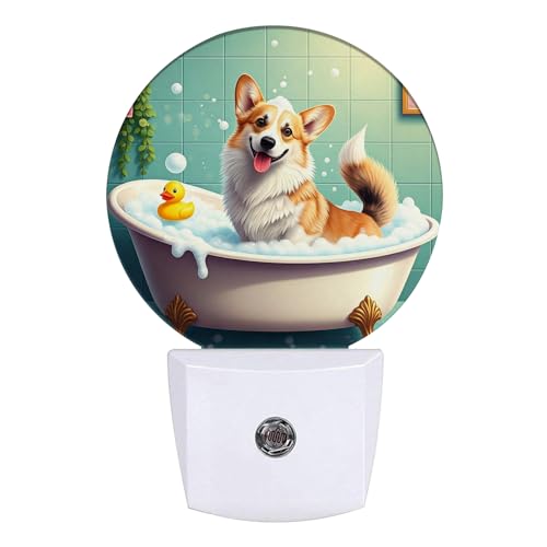 Image of Funny Corgi Bathing Night Light Puppy Lover Night Lights LED Lamp Round Plug into Wall Nightlight with Dusk to Dawn Sensor Home Hallway Stairway Kitchen Decor