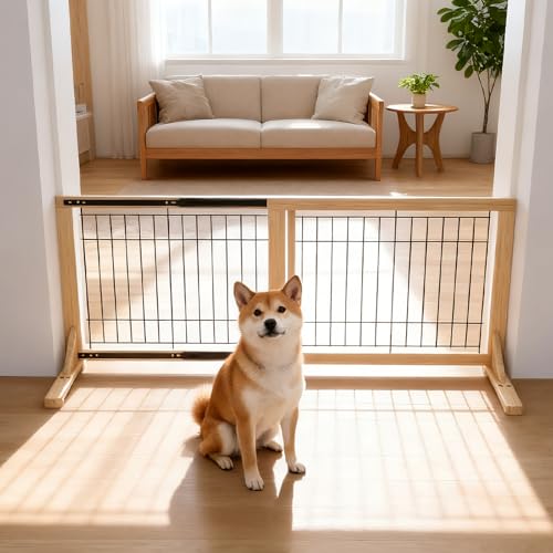 Oapety ペットゲート 犬 高さ60CM 伸縮幅約85～155cm 木製 ベットフェンス 置くだけ 柵 室内 飛び出し防止柵 脱走防止 中小型犬用 スムーズ ガイドレール付き