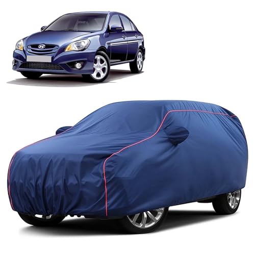 Image of Sulfar 100% Water Resistant Car Body Cover Compatible with Mirror for Hyundai Verna Transform (Triple Stitched, Full Bottom Elastic, Blue Taffeta with Red Piping)