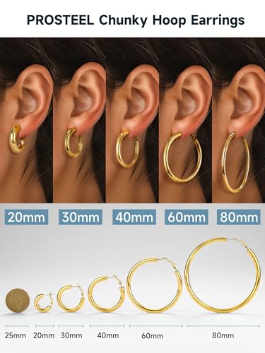 Image of Stainless Steel Chunky Hoop Earrings For Women, Minimalist and Chic, Black /Gold Plated, Round Hoops Earrings Hypoallergenic, Size: 30mm /40mm /60mm /80mm, Come with Box