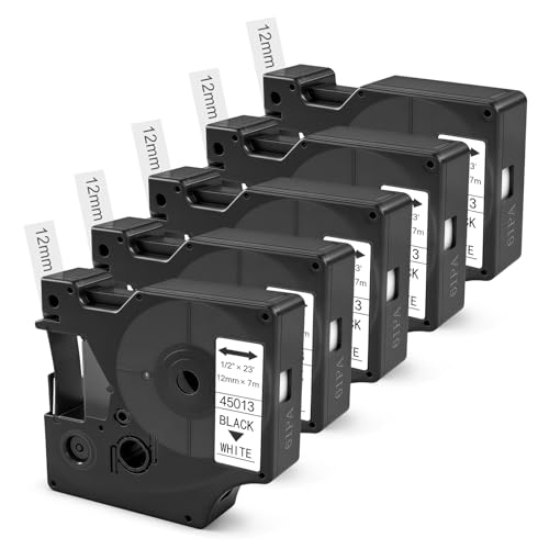 AMFUN 5X Compatible with Dymo D1 Label Tape 45013 A45013 S0720530 12mm x 7m, Black on White D1 Tape Compatible with Dymo Label Manager Label Tape Replacement for 160 210D 280 360D 420P 450D