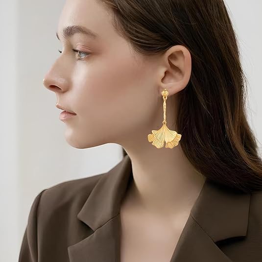 Ginko Leaf Earrings for Women Gold Leaf Earrings Golden Plant Earrings Fashionable Bohemian Ginkgo Leaf Dangle Earrings Jewelry - Image 4