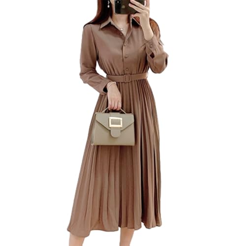 [Lecfpef] シャツワンピース レディース ロングワンピース Aライン 襟付き 可愛い 長袖 無地 体型カバー プリーツスカート ゆったり おしゃれ 着痩せ 春 秋 - Lecfpef - 商品画像