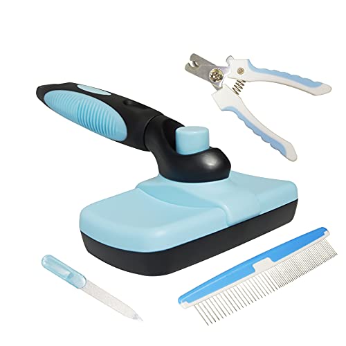 4PCS Self-Cleaning Slicker Brush Kit, Pet Grooming Tools Set with Slicker Brush, Nail Clipper, Pet Nail File and Comb, Cat Dog Grooming Brush Gently Reduces Shedding & Tangling for All Hair Types