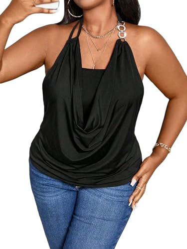 SOLY HUX Women's Plus Size Tops Cowl Neck Draped Tie Back Halter Cami Top