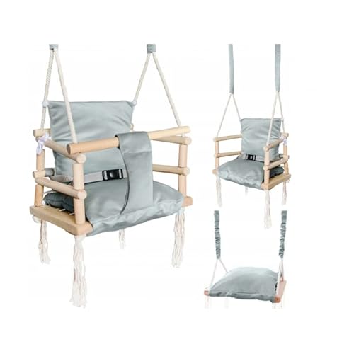 Babyschaukel Kinderschaukel Holz Stoff Babysitz Baby Schaukel zum Aufhängen 3 in 1 (Grau) Cover
