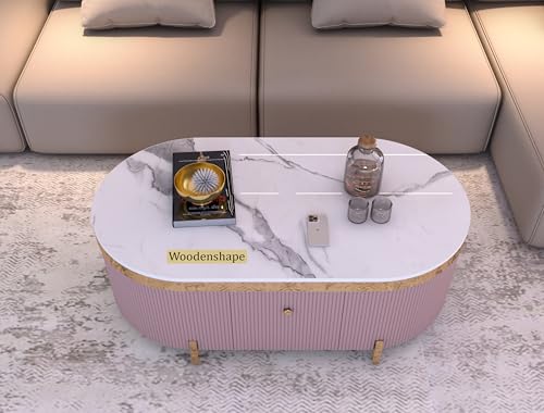Image of Premium Marble-Top Center Table with One Storage Door and PVD Coated lron Legs and Coffee Table with Oval Design for Living Room and Entryway [ Modern coffee table ] ,42x24x18 Inch, (Pink)
