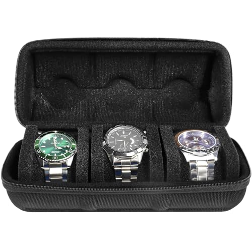 KTZCTPCA 3 Slot Fashion Watch Box Organizer, 8.7x3.5x3.3 inch Portable Watch Holder with Watch Pillows, Watch Travel Case with Zipper, Black Watch Storage and Display Case for Men and Women (A)