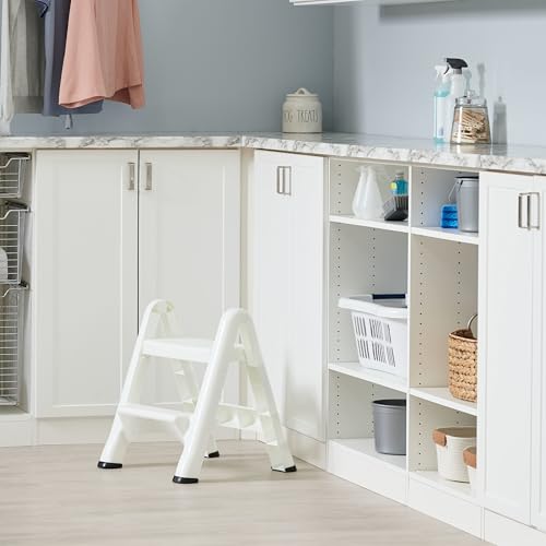 Image of Rubbermaid Two-Step Folding Foot Stool 14-Inch High White 300 Pound Capacity Small Step Stool for Adults /Kids for Use in Library /Kitchen /Bathroom /Garage /Closet