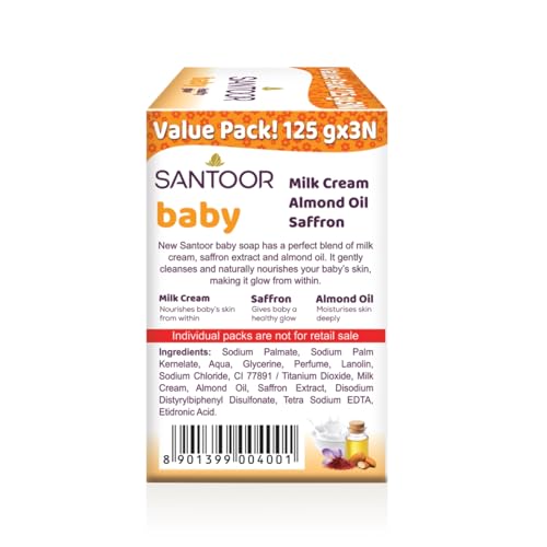 Image of Santoor Baby Bathing Bar Soap with Milk Cream, Saffron, & Almond Oil for Soft & Supple Skin| Gentle & Rich Lathering Formula with Mild Fragrance| 125gx3 (Pack of 3)