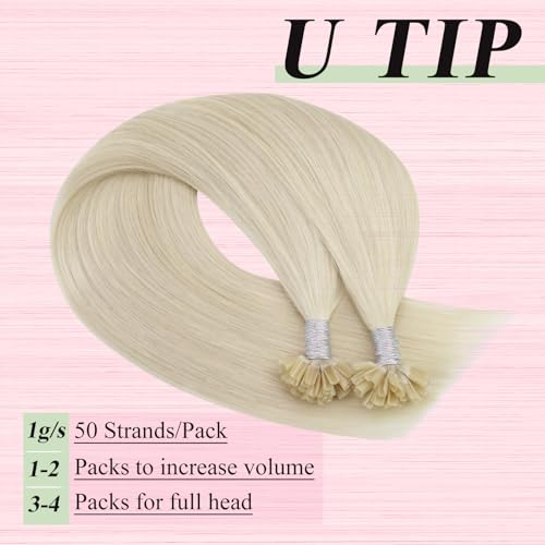 Image of YoungSee U Tips Hair Extensions Real Human Hair Blonde U Tip Extensions Remy Hair Platinum Blonde Hot Fusion K Tips Hair Extension Straight Ktips Human Hair Extension for Women 16In 1G /S 50G